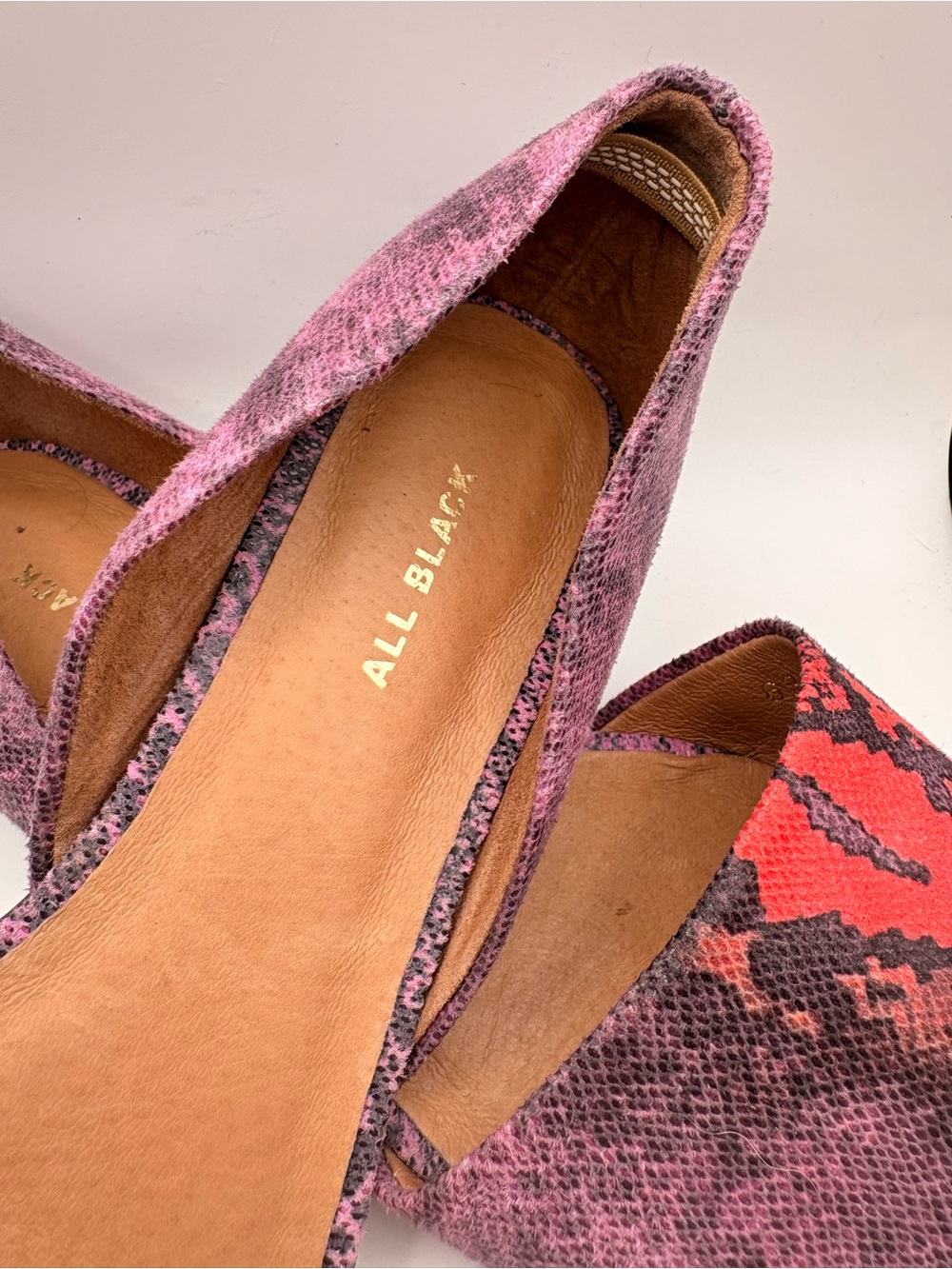ALL BLACK Pink Snakeskin Pointed Flats with Red Accent